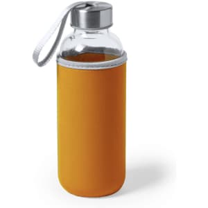 A drink bottle with a glass body, stainless steel lid, and an orange protective sleeve. It has a carrying strap.