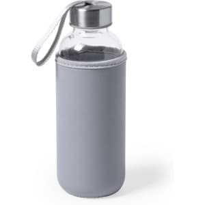 A drink bottle with a glass body, grey sleeve, and a metal lid, featuring a handle for easy carrying.