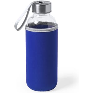 A drink bottle with a clear body, silver lid, and a blue neoprene sleeve, featuring a strap.