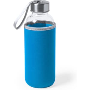 A drink bottle with a transparent glass body, a silver lid, and a bright blue protective sleeve.