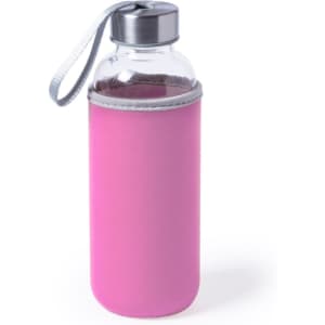 A drink bottle in pink with a clear glass body and a silver lid, featuring a carrying strap.
