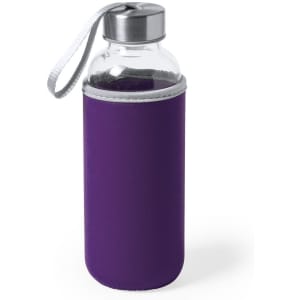 A drink bottle made of glass, featuring a purple neoprene sleeve and a silver lid with a carrying strap.