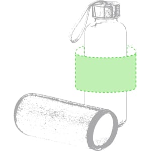 A drink bottle with a clear body and a green sleeve, accompanied by a removable sleeve on the side. It features a logo.