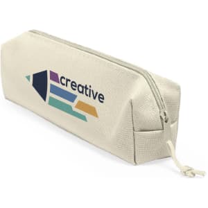 A pencil case in beige with a logo featuring a colourful design and a zip closure.