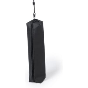 A black Atecax pencil case with a zipper and a hanging loop, featuring a sleek, rectangular design.