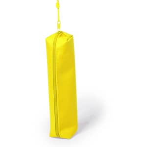 A yellow pencil case with a zip closure and a hanging strap, featuring a simple design.