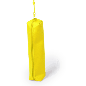 A yellow pencil case with a zipper, featuring a hook for attachment. Simple and functional design.