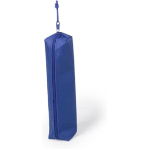 A blue pencil case with a zip, featuring a hanging loop and a simple, rectangular design.
