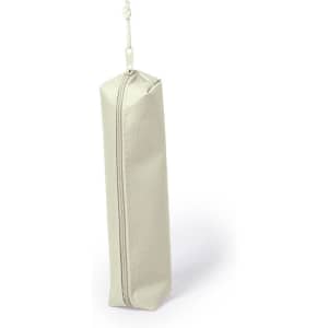 A pencil case in a light beige colour, featuring a zip closure and a loop for easy carrying.