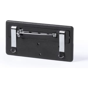 A black name badge holder with a silver pin and two metal clips on the back for attachment.