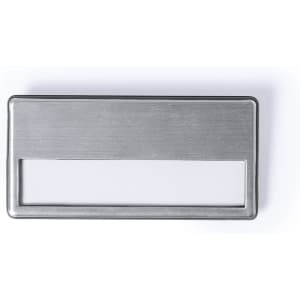 A rectangular metal name badge holder in silver, featuring a clear window for displaying identification.