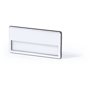 A white name badge with a clear window, featuring a metallic edge and a minimalist design.
