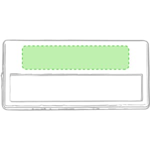A name badge with a white background and a green section for personalisation, featuring a simple design.