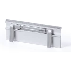 A silver name badge holder with a metal clip on the back and a smooth surface for displaying information.