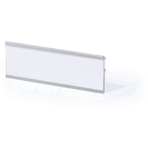 A name badge holder in white with a silver trim, designed for exhibitions and events. Features a logo on the side.