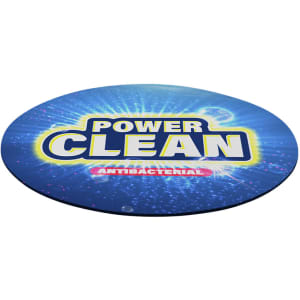 A round blue mousepad featuring a vibrant design with an antibacterial theme and a logo.