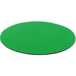 A green round mouse pad with a smooth surface and a black underside. Features a logo.