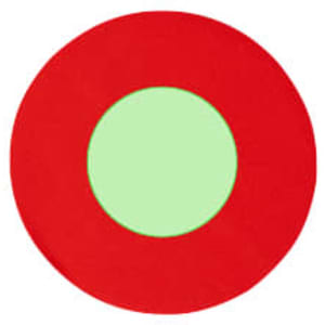 A round mousepad featuring a red outer ring and a green center, complete with a logo.