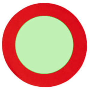 A round mousepad with a bright red outer ring and a light green inner circle. Features a logo in the centre.