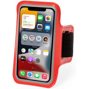 A red armband designed to hold a smartphone, featuring a secure strap and a protective cover.