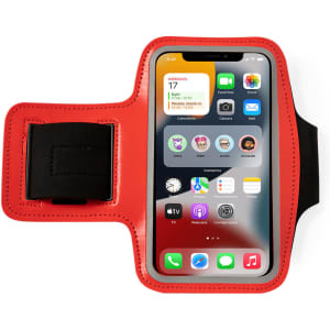 A red armband holder for a smartphone, featuring a protective case and adjustable strap.