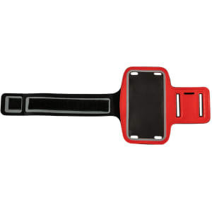 A black and red armband with a clear protective pocket and adjustable strap. Features a logo on the surface.