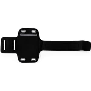 A black armband with adjustable strap and fastening holes, designed for outdoor activities. Features a branding logo.