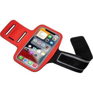 A red phone armband with a clear touchscreen panel and adjustable strap, featuring a logo.
