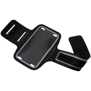 A black armband with a transparent pocket, featuring adjustable straps and reflective accents.