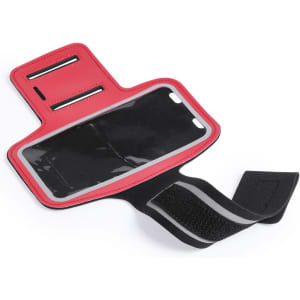 A red armband featuring a clear pocket and adjustable strap for secure attachment. Includes a logo.