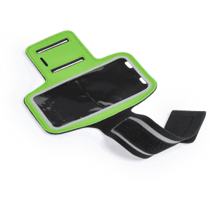 A green armband with a transparent pocket and a Velcro strap, designed for outdoor leisure use.