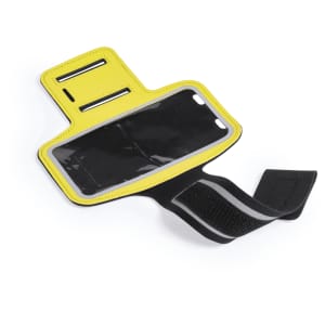 A yellow armband with a clear phone pocket and a black adjustable strap. Designed for outdoor use.