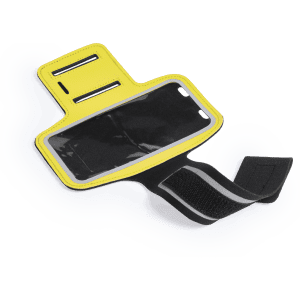 A yellow and black armband featuring a transparent pocket for a device, with adjustable strap for securing.