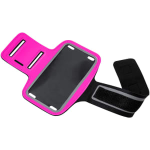 A pink armband with a clear pocket for a phone and adjustable straps, featuring a logo.