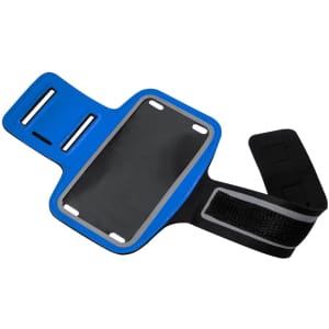 A blue armband with a black holder and reflective straps, designed for securing devices during outdoor activities.