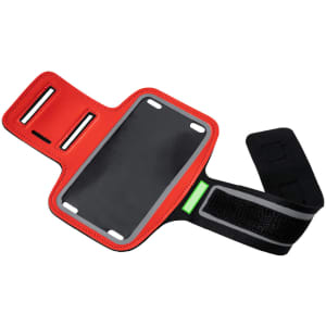 A red armband featuring a clear pocket for a device and a black adjustable strap for a secure fit.