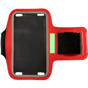 A red arm band with a black interior and a velcro strap, featuring a clear compartment and a logo.