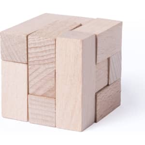 A wooden puzzle made up of various shaped blocks in light beige tones, featuring a mix of smooth and textured surfaces.