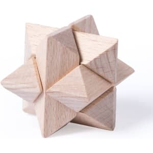 A wooden puzzle in a star shape, featuring multiple triangular pieces with a natural finish.