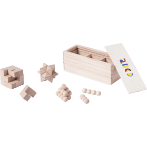 A wooden game set featuring various geometric puzzles, round wooden pieces, and a storage box with a logo.