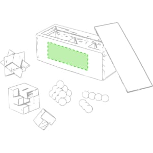 A game set featuring various geometric puzzles, including blocks and balls, in a neutral colour scheme with a branded box.