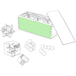A collection of various puzzle pieces and wooden shapes in a container, with one container lid partially open.