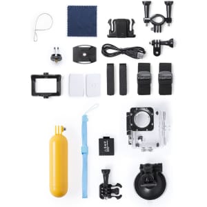 An assortment of accessories for a Garrix Action Camera, including mounts, straps, and a yellow float.