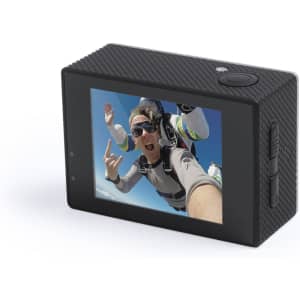 A black action camera with a front display showing a selfie of two skydivers.