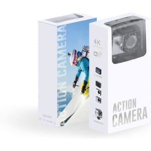 A boxed Garrix Action Camera features a transparent front and is predominantly white with vibrant imagery of a snowboarder.