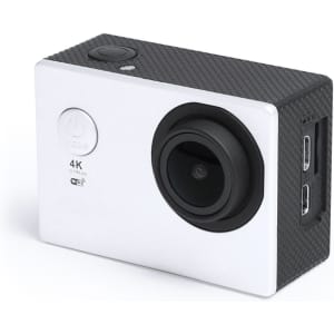 A compact, rectangular action camera in silver and black with a lens and multiple ports on the side.