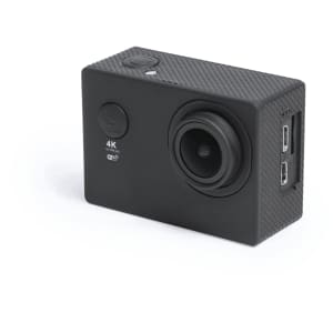 A black action camera featuring a lens, buttons, and multiple ports on the side. It has a textured grip.