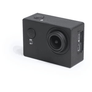 A black action camera with 4K capability, featuring a textured surface and multiple ports on the side.