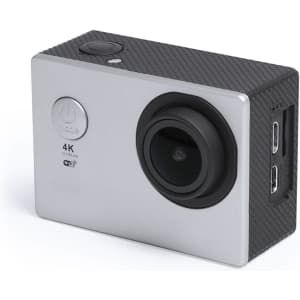 A sleek silver action camera with a black textured side and multiple ports, featuring a round lens and power button.