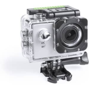 A compact action camera in a clear waterproof case, featuring a black front and buttons, with a logo on the side.